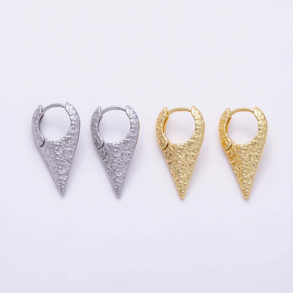 16K Gold Filled 24mm Hammered Pointed V-Shape Hoop Earrings in Gold & Silver | Earrings-00841 - Earrings-00842