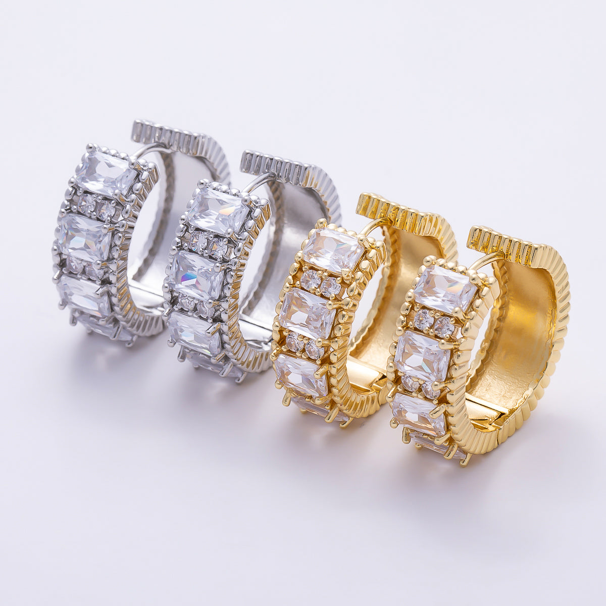 16K Gold Filled 29mm Clear Princess Cut CZ Wide Chunky Huggie Hoop Earrings in Gold & Silver | Earrings-00864 - Earrings-00865