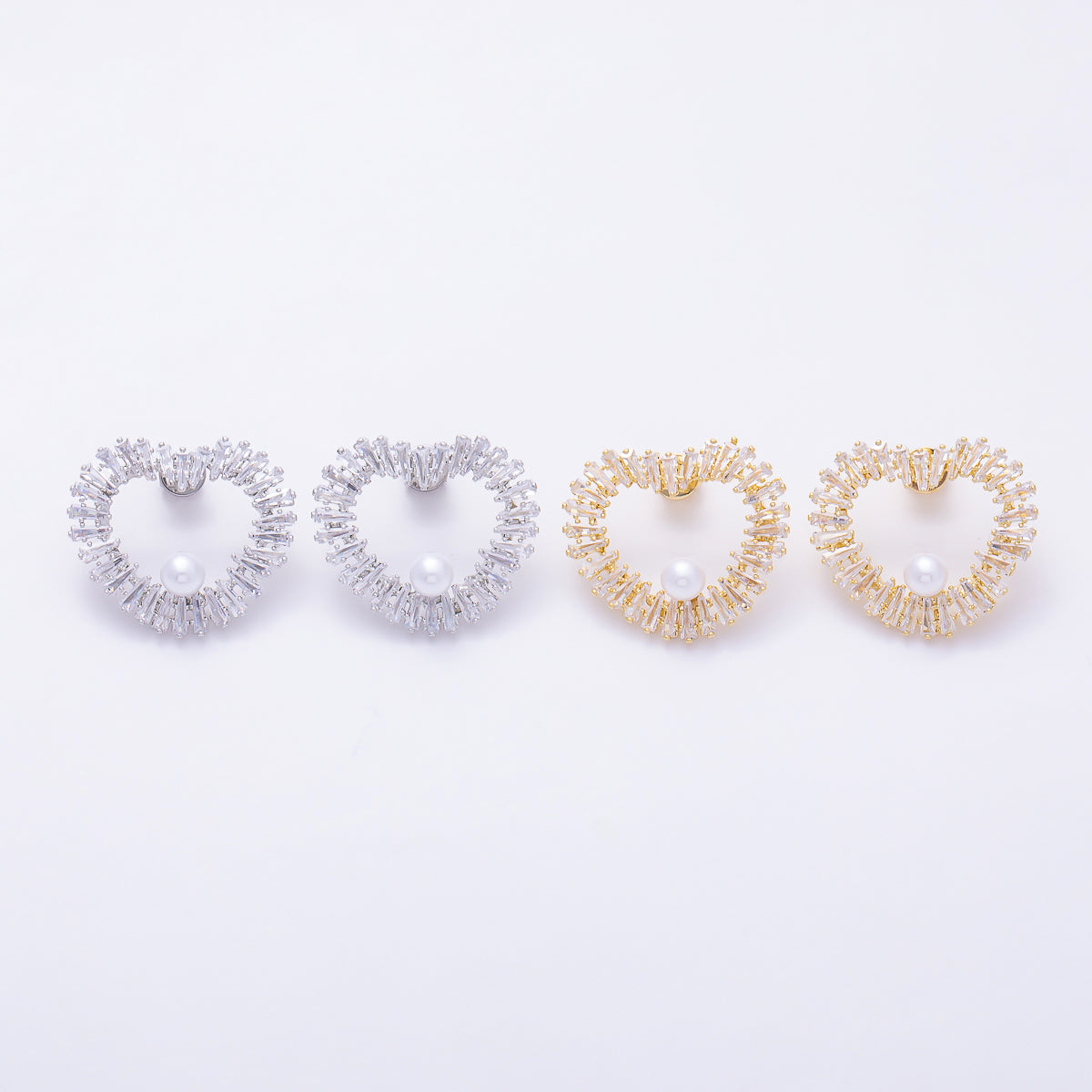 16K Gold Filled 26mm Shell Pearl Baguette CZ Open Heart Stud Earrings in Gold & Silver | Earrings-00845 - Earrings-00846