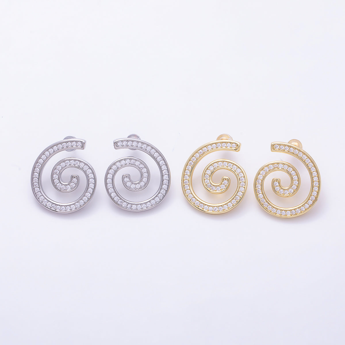 16K Gold Filled 24mm Micro Paved CZ Spiral Swirl Open Stud Earrings in Gold & Silver | Earrings-00858 - Earrings-00859