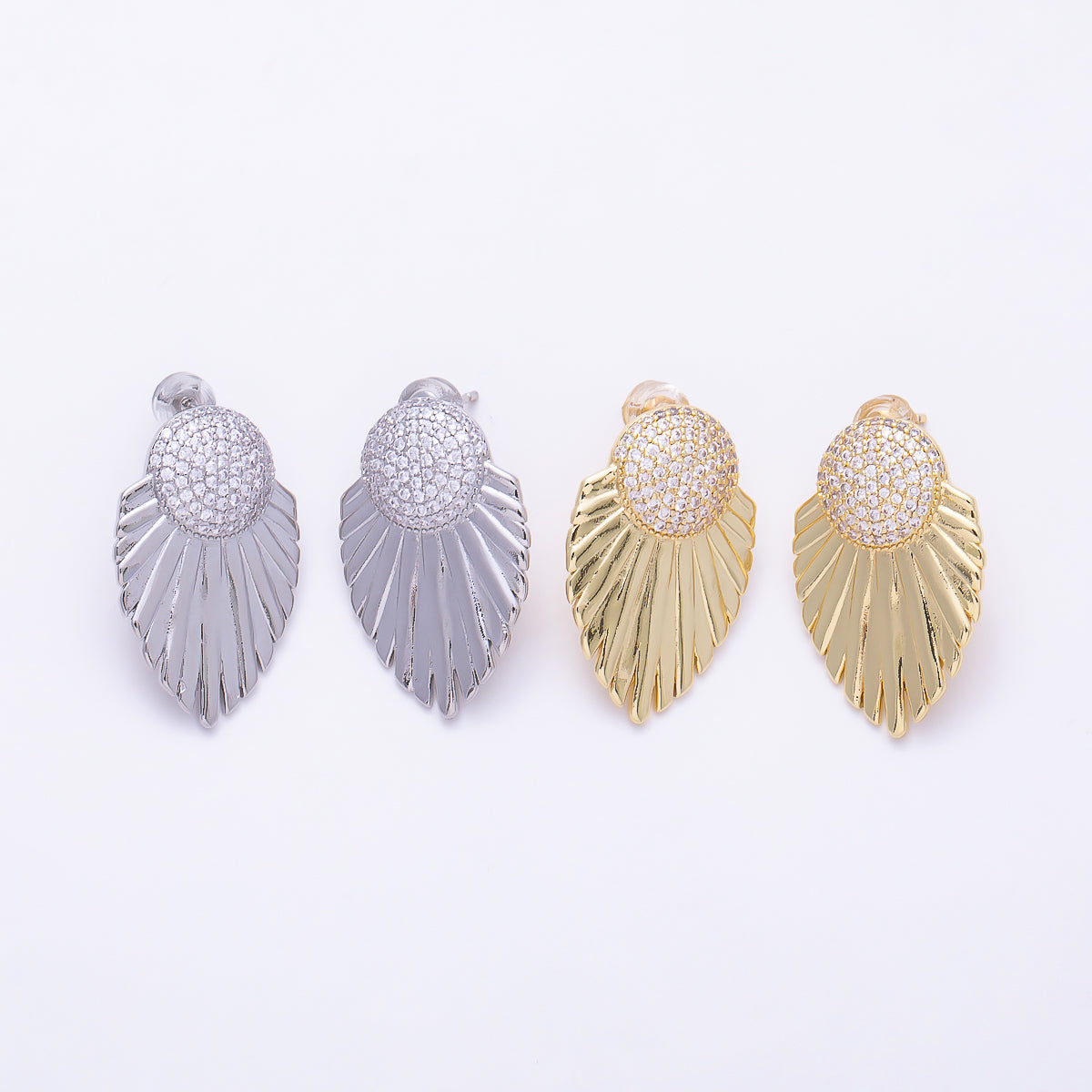16K Gold Filled 27mm Dome Micro Paved CZ Art Deco Feather Fan Statement Stud Earrings in Gold & Silver | Earrings-00862 - Earrings-00863