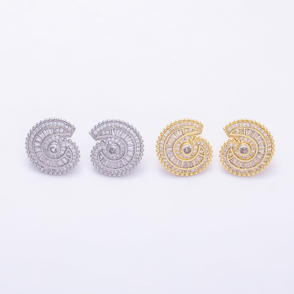 16K Gold Filled 19mm Baguette Micro Paved CZ Nautical Ocean Spiral Statement Stud Earrings in Gold & Silver | Earrings-00860 - Earrings-00861
