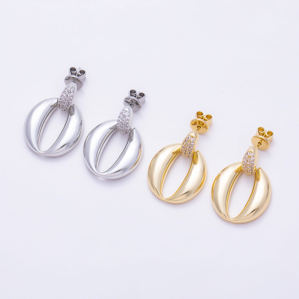16K Gold Filled 26mm Micro Paved CZ Chunky Oval Dangle Drop Stud Earrings in Gold & Silver | Earrings-00847 - Earrings-00848