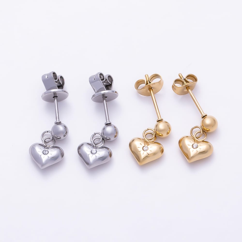 Stainless Steel PVD 10mm Clear CZ Starburst Chubby Heart Round Drop Stud Earrings in Gold & Silver | Earrings-01159 Earrings-01160