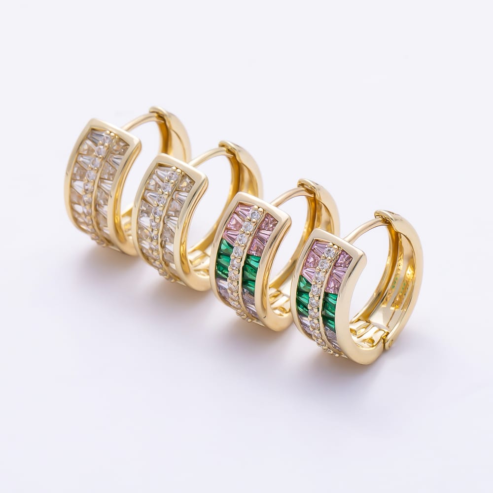 14K Gold Filled 18mm Clear, Multicolor Baguette Micro Paved CZ Triple Band Hoop Earrings | Earrings-01142 Earrings-01143