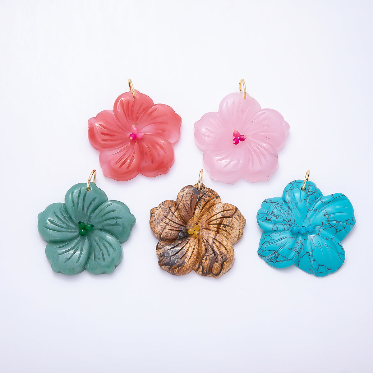 16K Gold Filled 50mm Carnelian, Aventurine, Tiger Eye, Turquoise, Rose Quartz Gemstone Flower Charm | Charms-01548 ~ Charms-01552