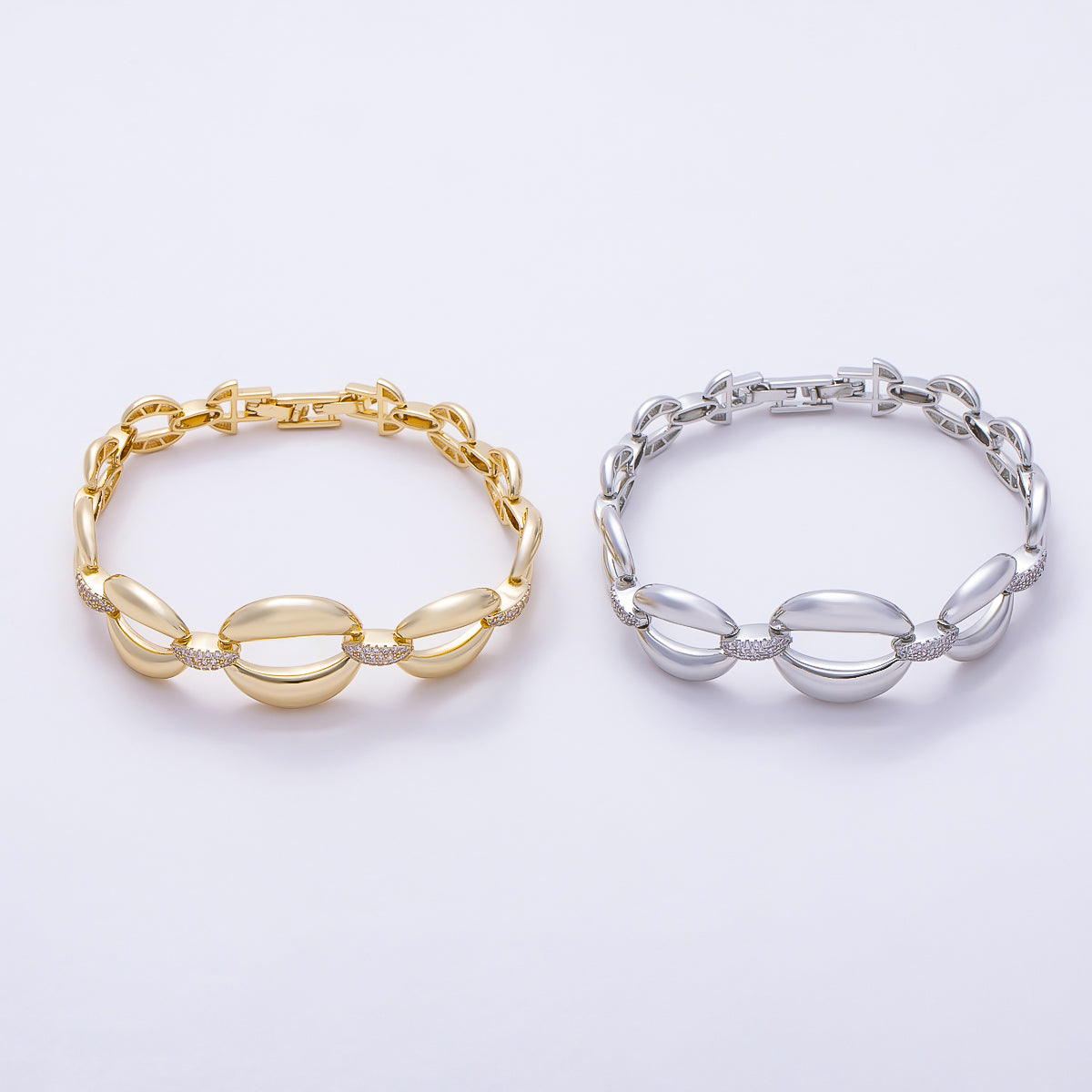16K Gold 20mm Micro Paved CZ Puffed Mariner Link Bracelet | WA-00452 WA-00454