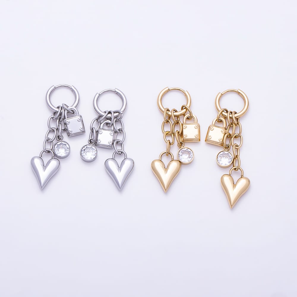 Stainless Steel PVD 45mm Round CZ Puffy Heart Padlock Multi Drop Huggie Earrings in Gold & Silver | Earrings-01153 Earrings-01154