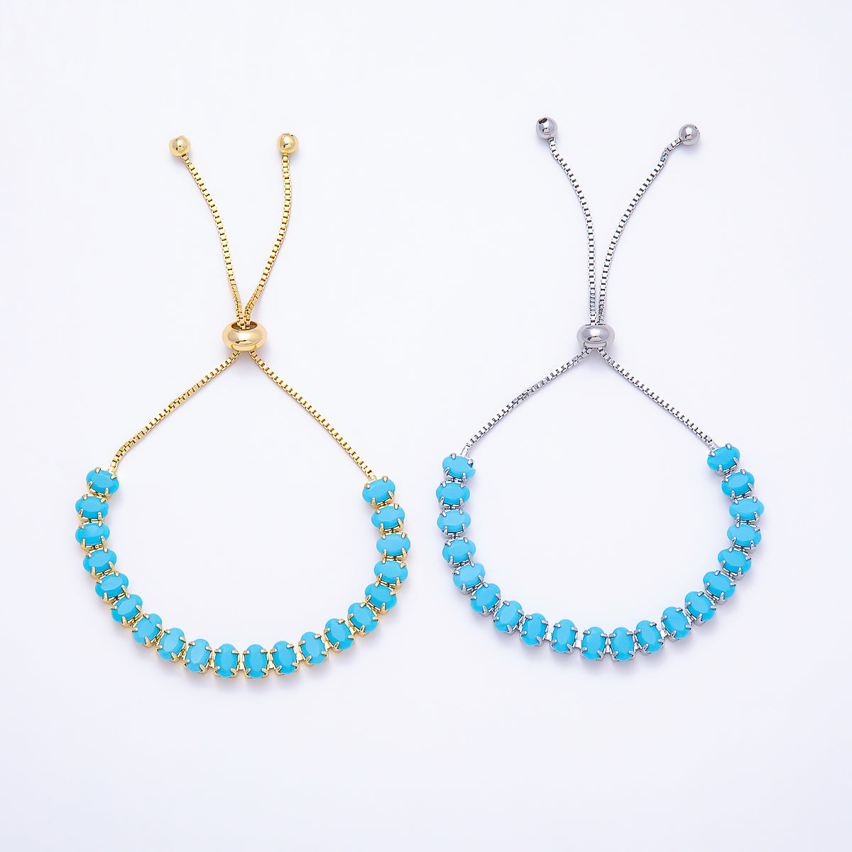 16K Gold Filled 6mm Turquoise Oval Gemstone Box Chain Adjustable Bolo Slide Bracelet in Gold & Silver | WA-02445 WA-02510