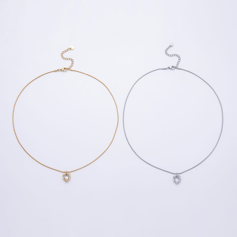 Stainless Steel 15mm Clear CZ Heart Molten Snake Chain 18 Inch Necklace in Gold & Silver | WA-00168 WA-00169