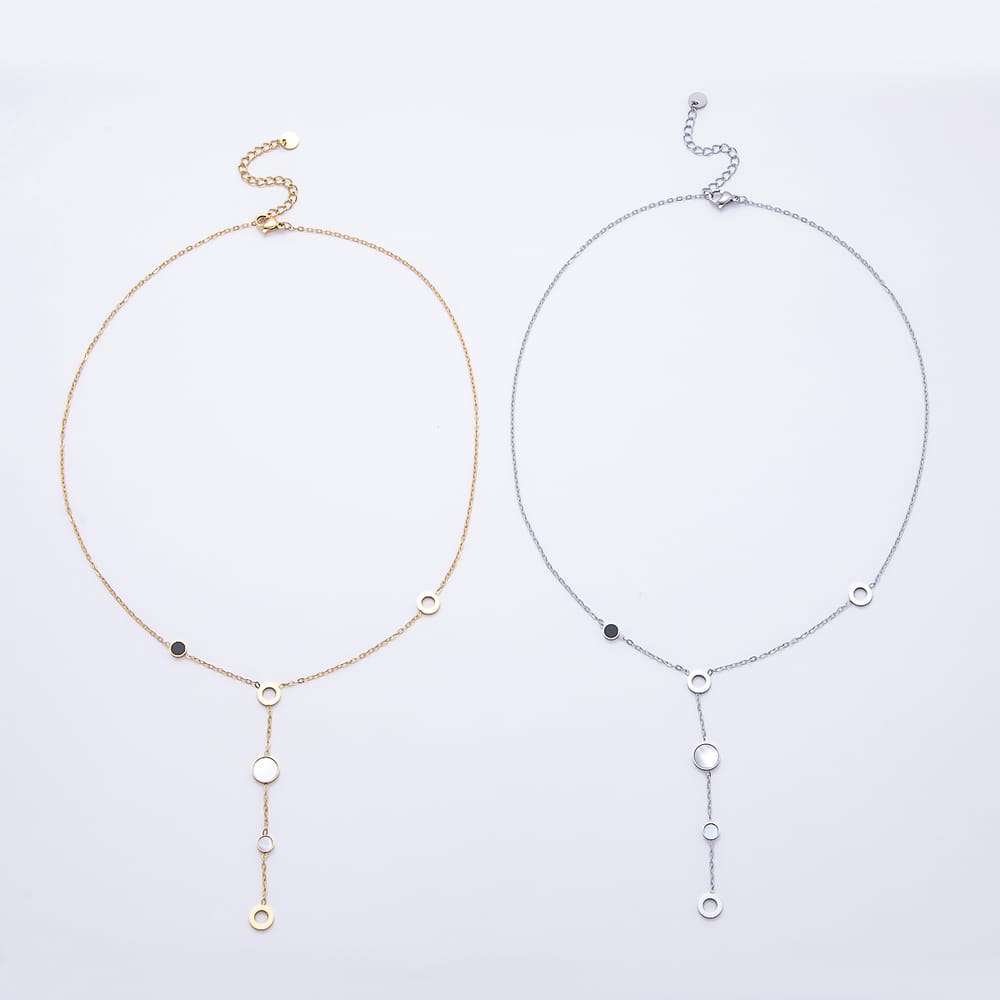 Stainless Steel 5mm Shell Pearl Black Enamel Round Cable Lariat Chain 17.5 Inch Necklace in Gold & Silver | WA-00166 WA-00167