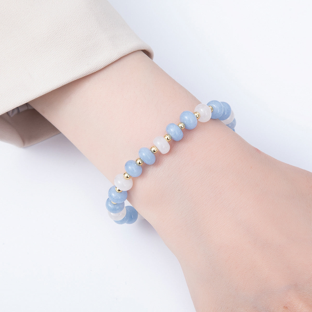 16K Gold Filled 3.3mm Bead Rondelle Gemstone Chain 7.5 Inch Bracelet w. Dual Push Gate | WA-02207