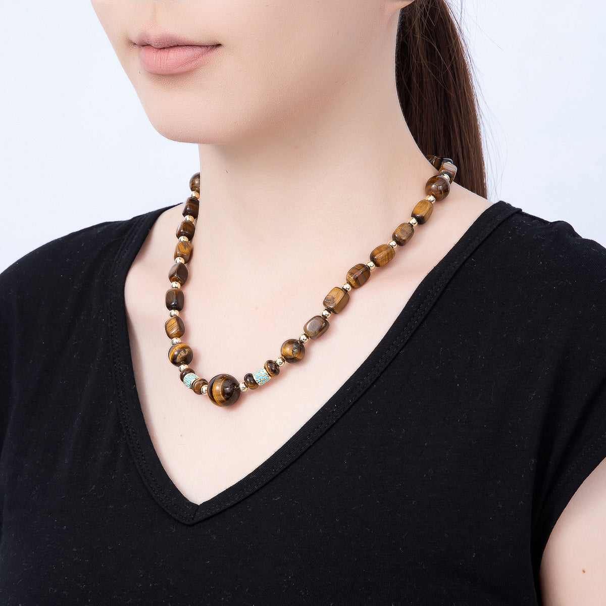 16K Gold Filled Turquoise Paved Tiger Eye Rectangle Bead Gemstone Chain 20 Inch Necklace w. Dual Push Gate | WA-02137