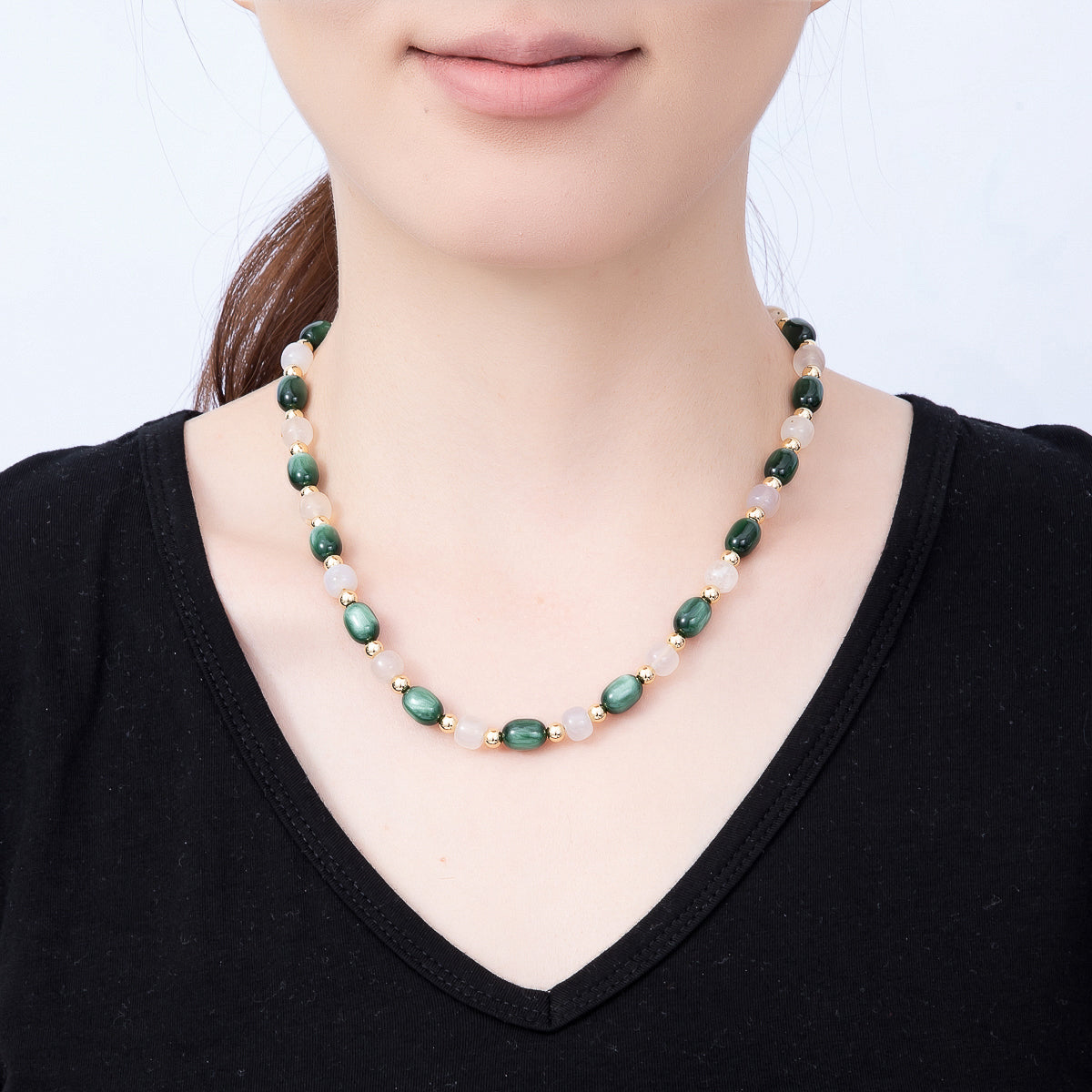 16K Gold Filled 8mm Dark Green Oval Pearl & Milky Quartz Beaded Gemstone 17 Inch Choker Necklace | WA-00312