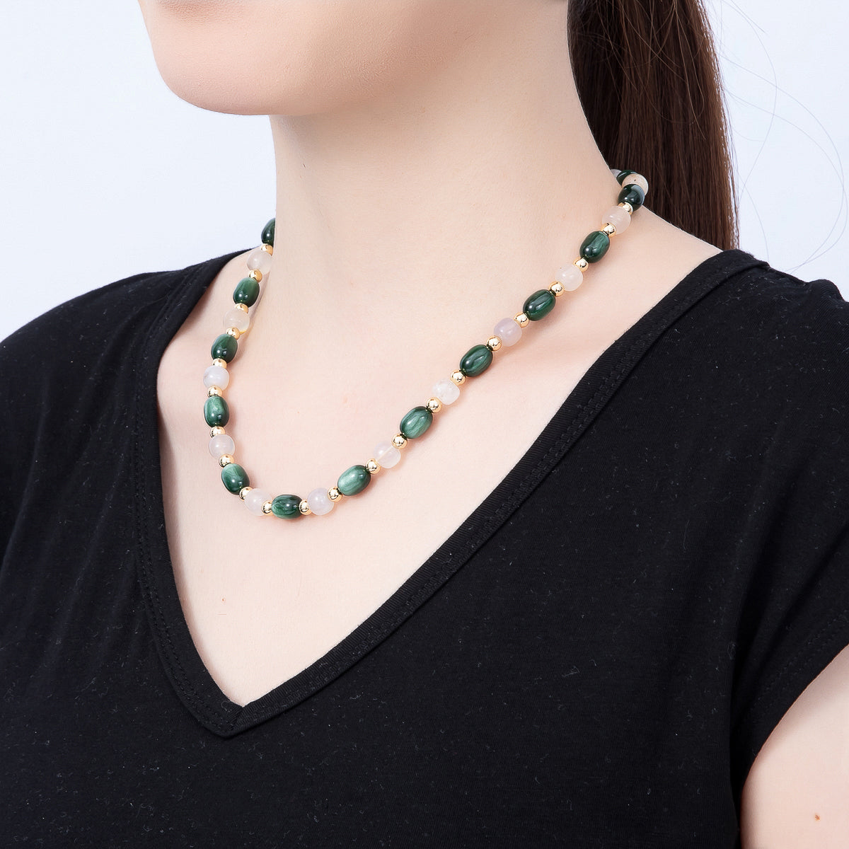 16K Gold Filled 8mm Dark Green Oval Pearl & Milky Quartz Beaded Gemstone 17 Inch Choker Necklace | WA-00312