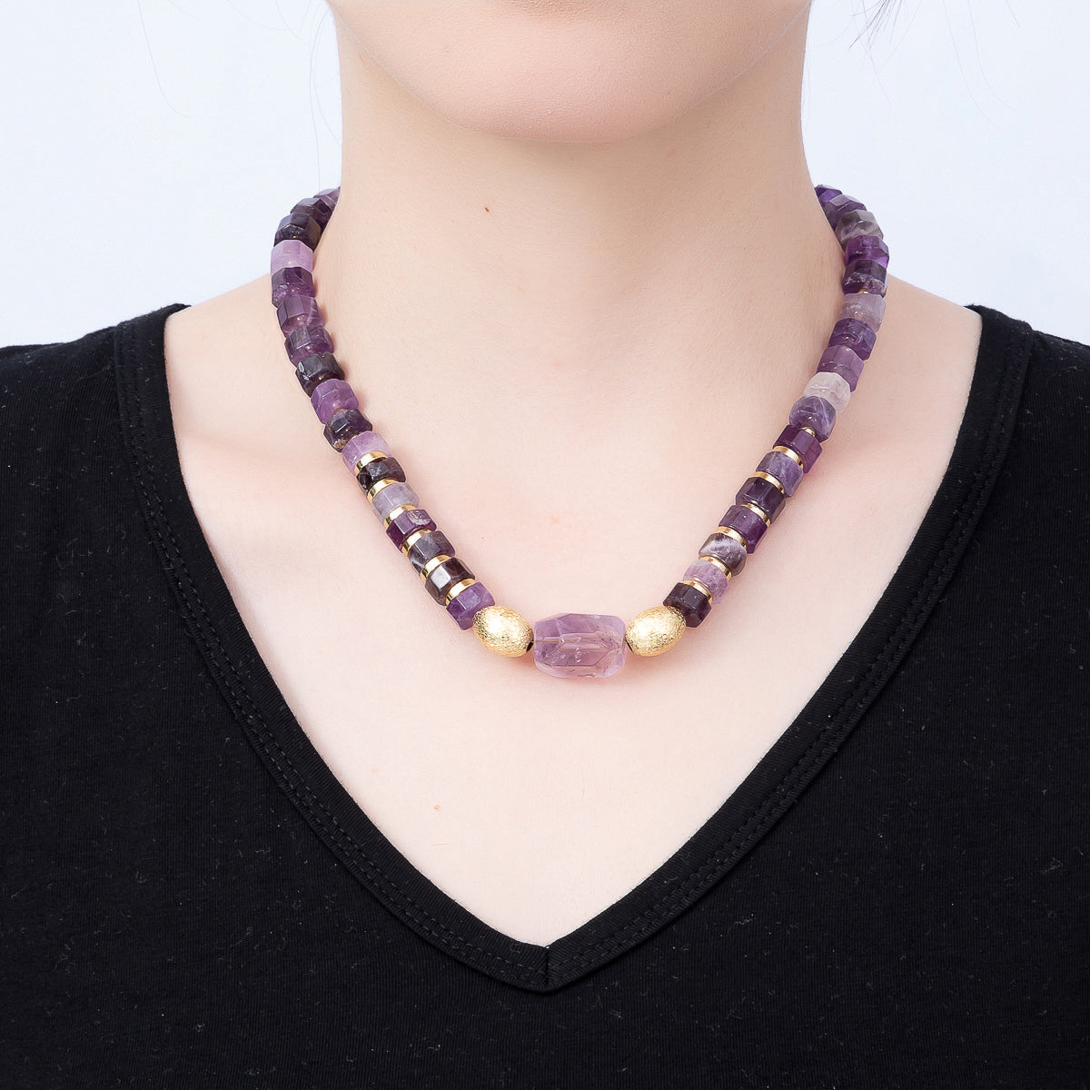Handmade 16K Gold Filled Amethyst Tube Gemstone Chain 18 Inch Necklace | WA-01481