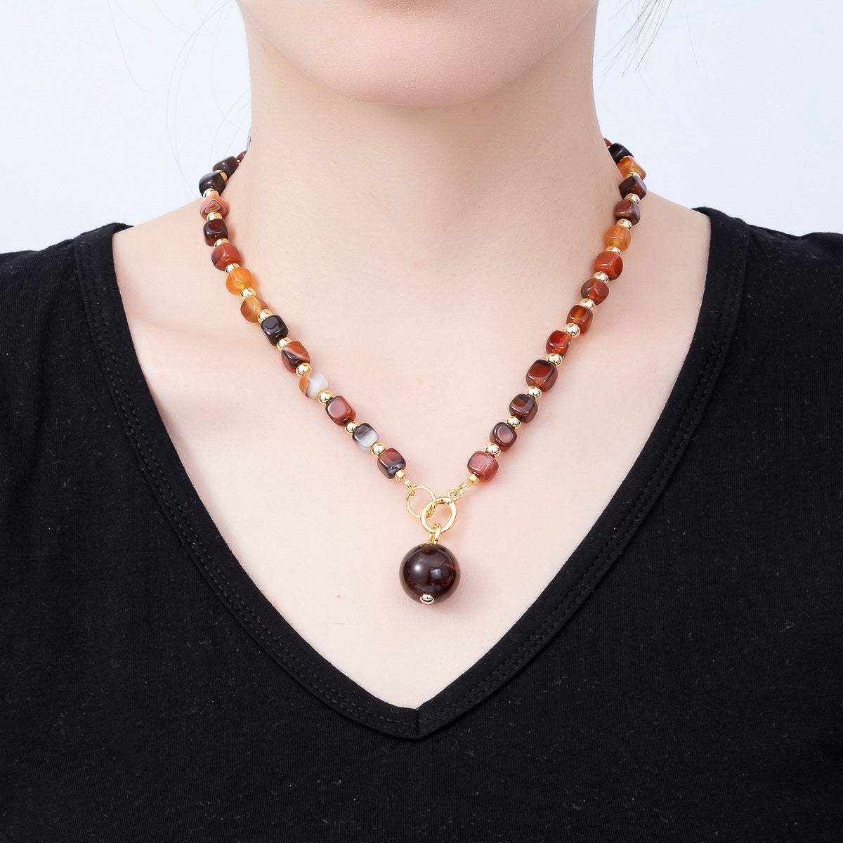 16K Gold Filled Tiger Eye Round Charm Carnelian Gemstone Chain 19 Inch Necklace w. Dual Push Gate  | WA-00190