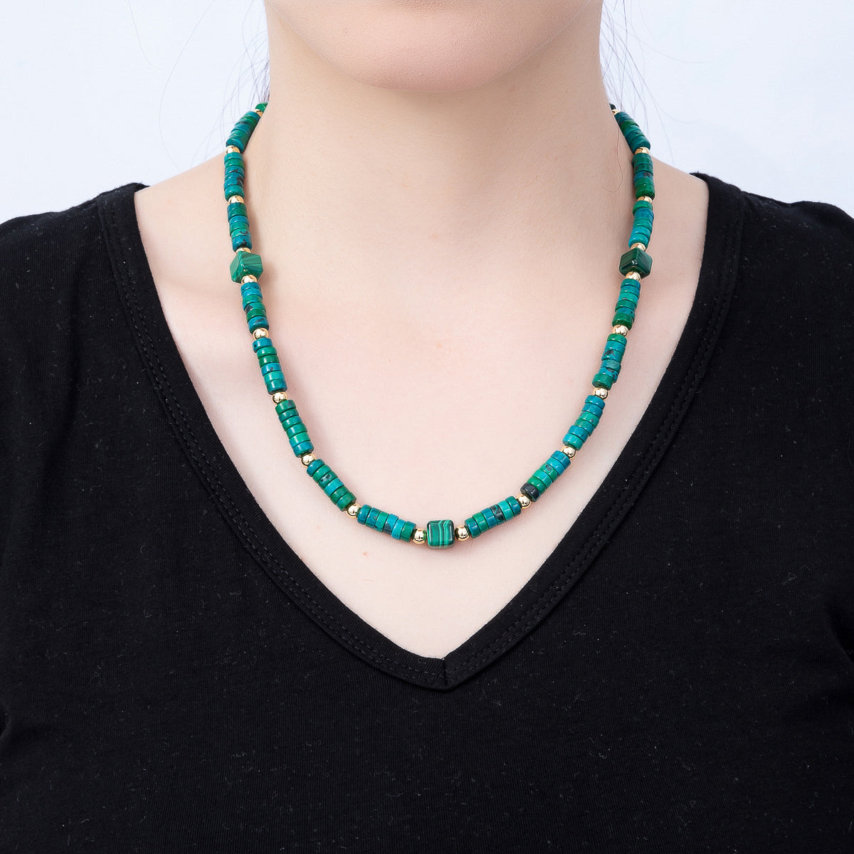 16K Gold Filled 7mm Green Malachite Tube Rondelle Gemstone Chain 20.5 Inch Necklace w. Dual Push Gate Charm Holder | WA-01960