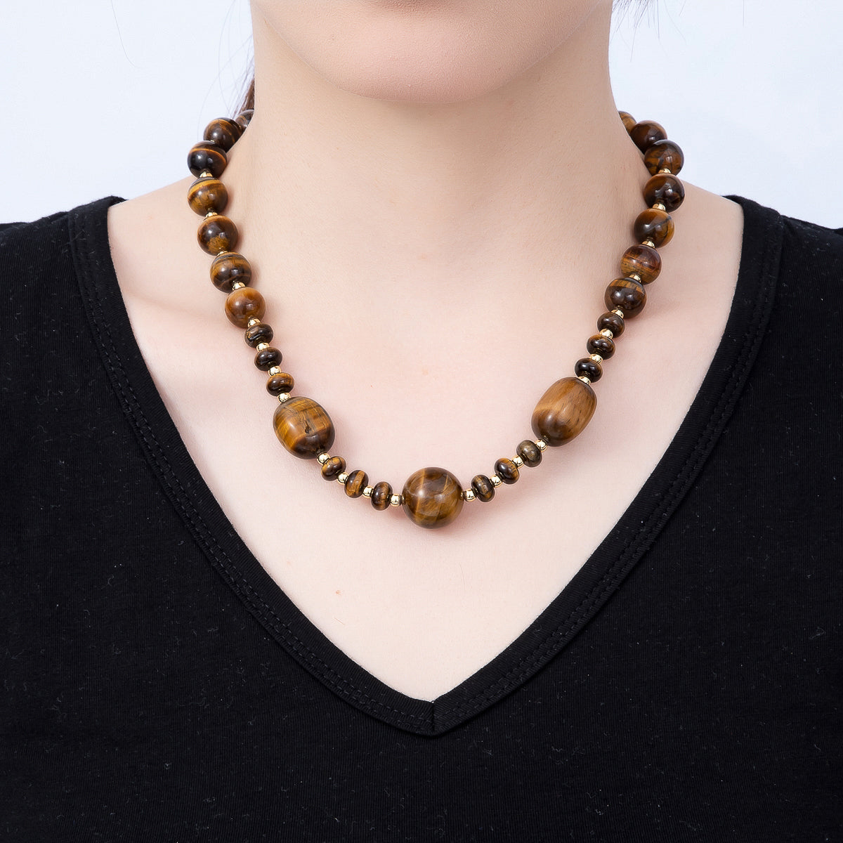 16K Gold Filled 13mm Tiger Eye Round Rondelle Rectangle Gemstone Chain 19 Inch Necklace w. Push Gate | WA-00189