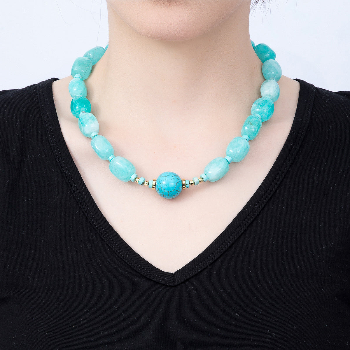 16K Gold Filled 20mm Blue Turquoise Rectangle Gemstone Chain 19 Inch Necklace | WA-01312