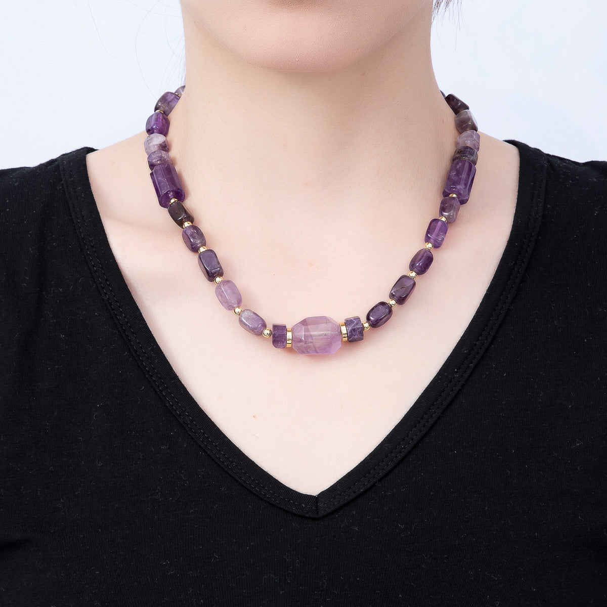 16K Gold Filled 15mm Amethyst Tube Rectangle Gemstone Chain 18.5 Inch Necklace w. Push Gate | WA-00391