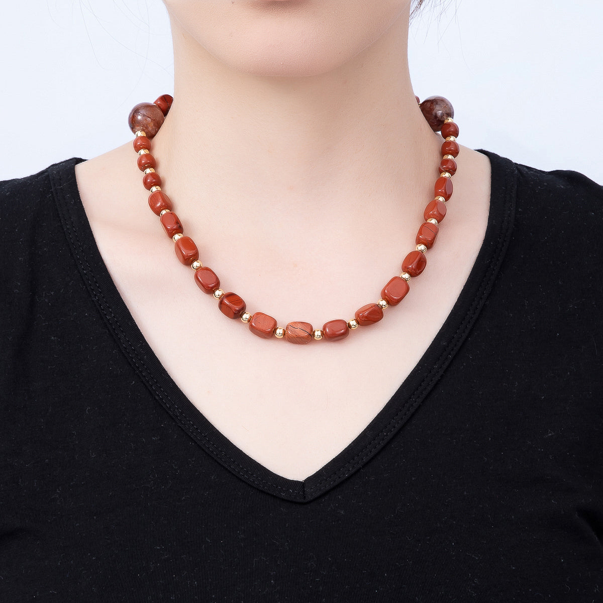 16K Gold Filled 16.5mm Carnelian Round Rectangle Gemstone Chain 19 Inch Necklace w. Dual Push Gate | WA-00537