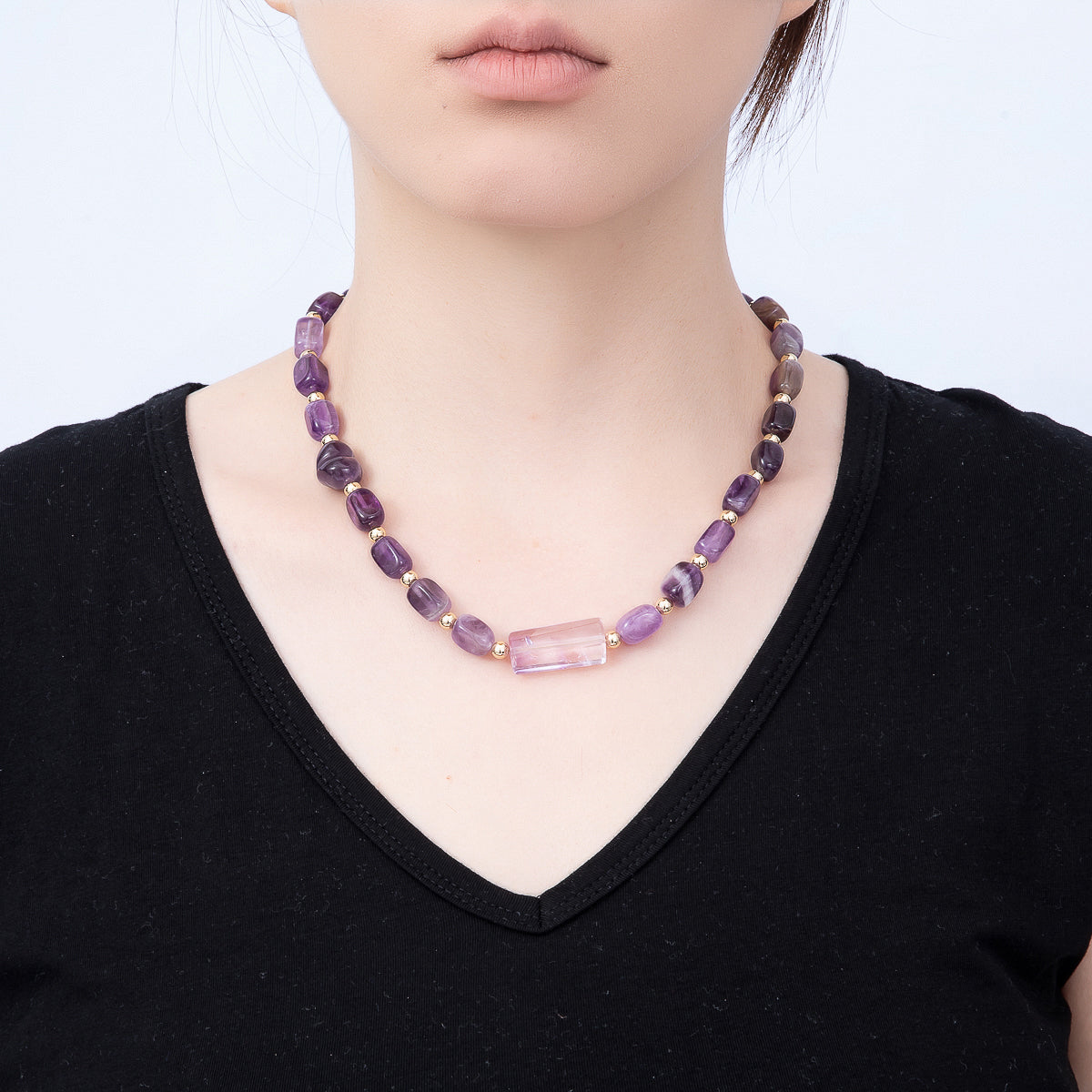 16K Gold Filled 12.5mm Amethyst Rectangle Gemstone Chain 19 Inch Necklace w. Dual Push Gate | WA-00570