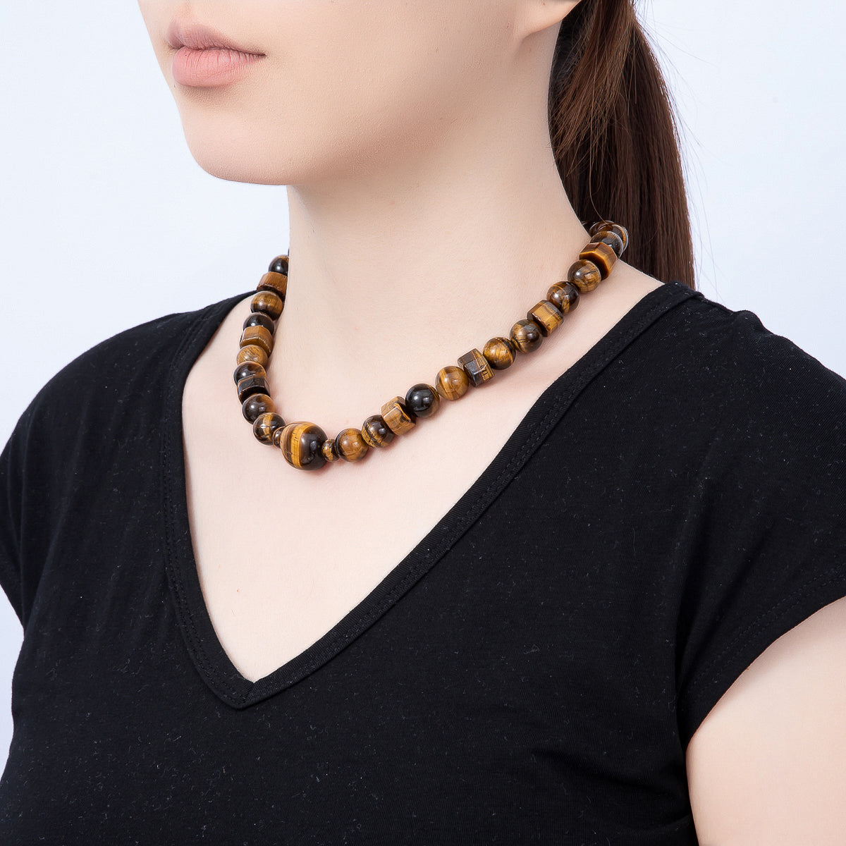 16K Gold Filled 12mm Tiger Eye Round Tube Geometric Gemstone Chain 18 Inch Necklace w. Dual Push Gate | WA-02111