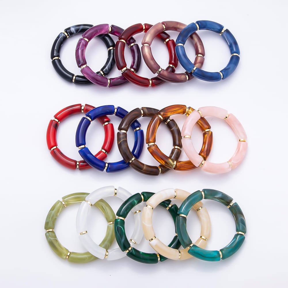 16K Gold Filled 11mm Colorful Acrylic Curved Tube Elastic Stretch Bracelet | WA-01072 - WA-01085 WA-01091
