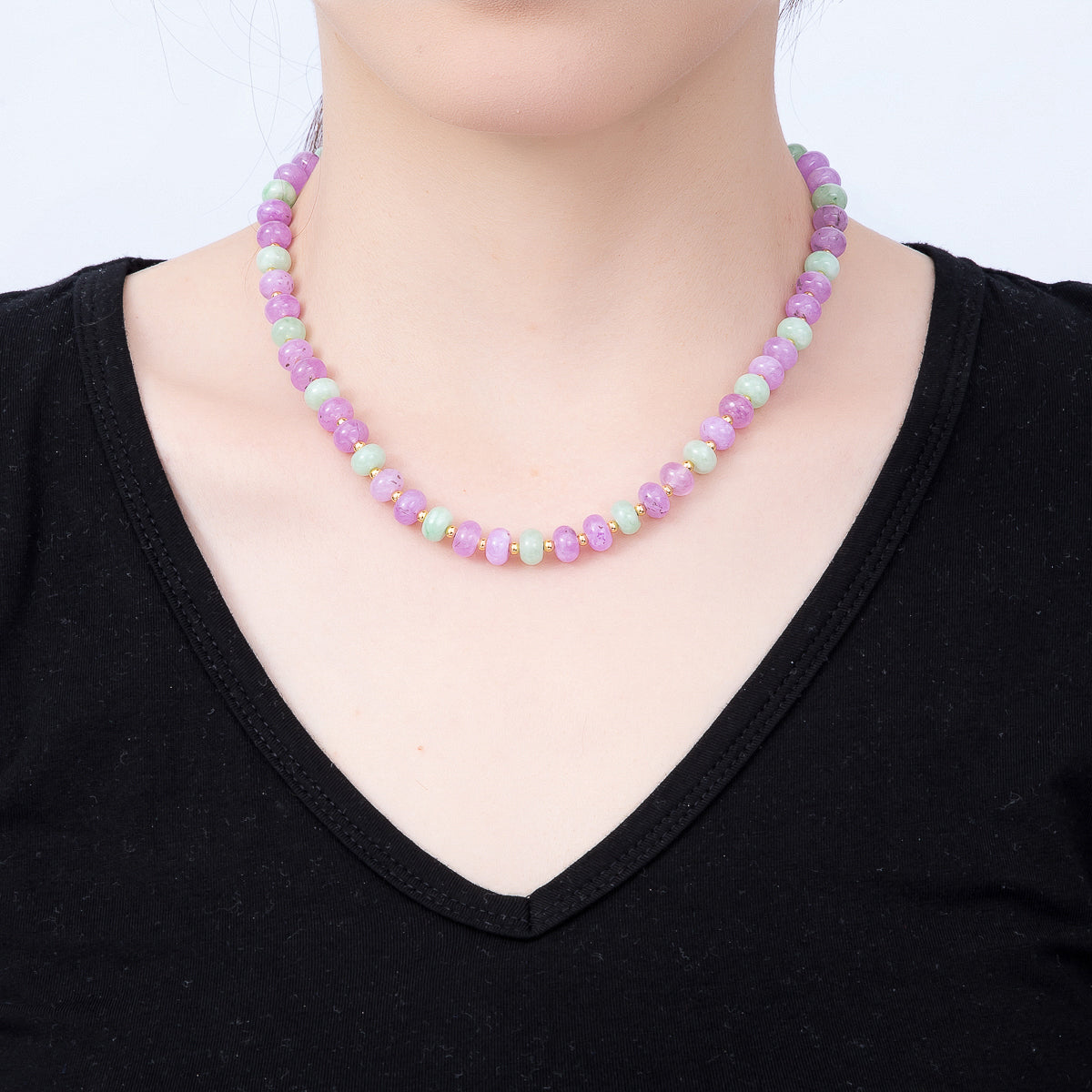 16K Gold Filled 3.3mm Purple Amethyst Green Peridot Rondelle Gemstone Chain 17 Inch Necklace w. Dual Push Gate | WA-02189