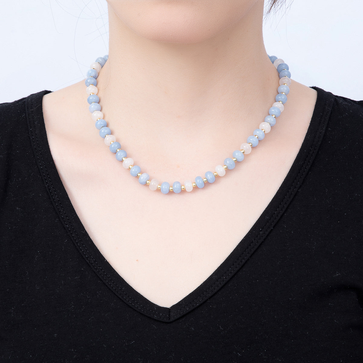 16K Gold Filled 3.3mm Blue Aquamarine Bead Rondelle Gemstone Chain 17 Inch Necklace w. Dual Push Gate | WA-02192