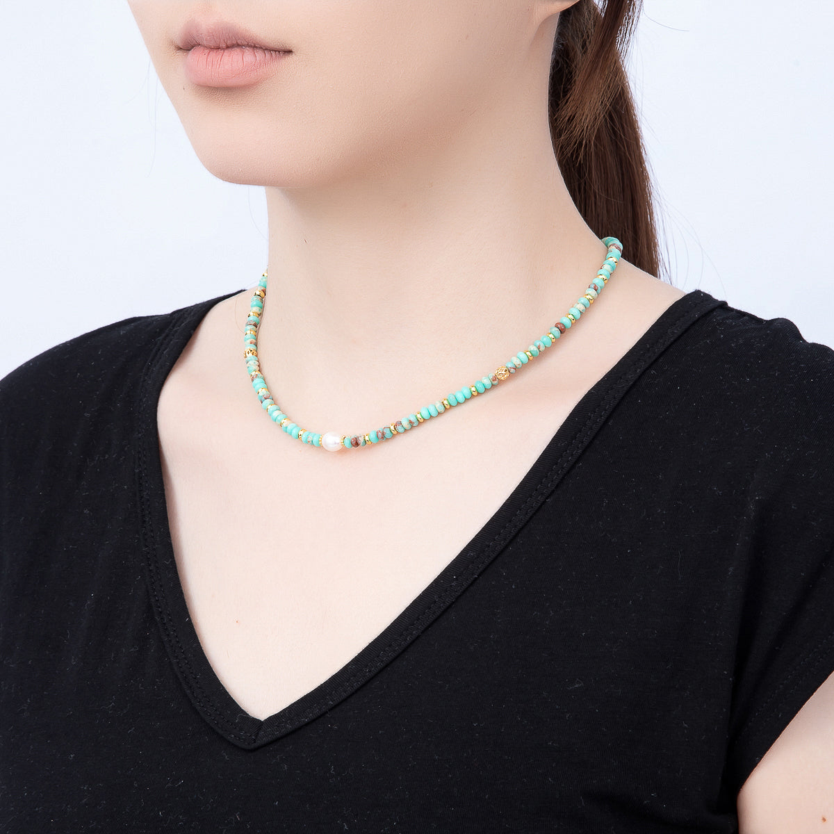 Handmade 4.5mm Shell Pearl Green Turquoise Rondelle Gemstone Chain 16 Inch Choker Necklace | WA-00219
