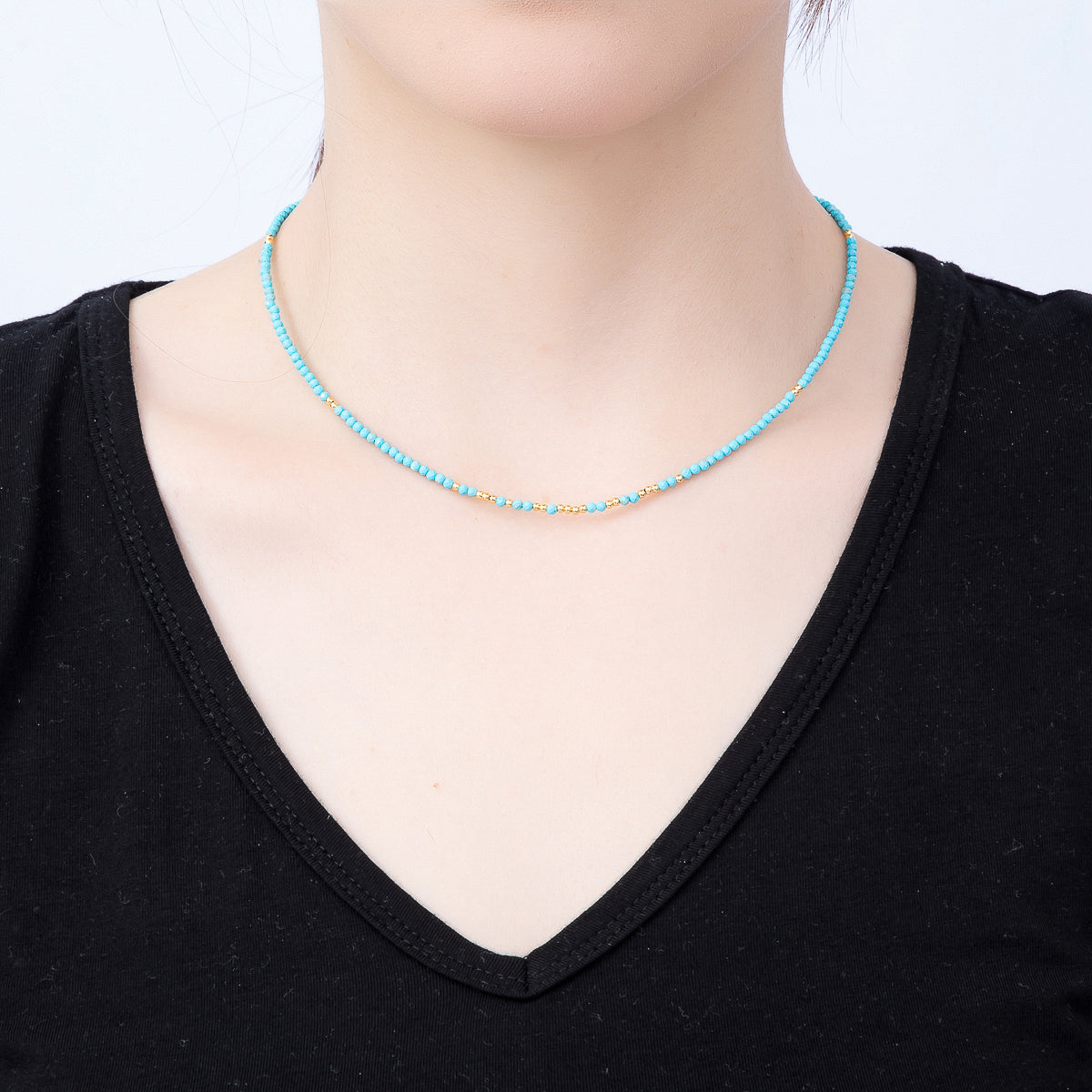 Handmade 2mm Blue Turquoise Multifaceted Round Bead Gemstone Chain 16 Inch Necklace | WA-00276