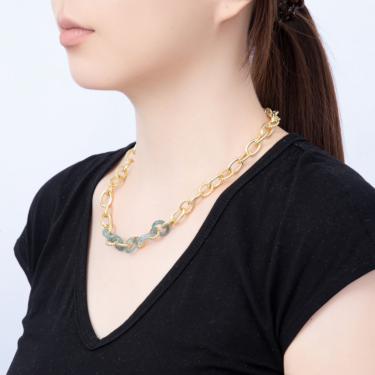 16K Gold Filled Green Aventurine Croissant Cable Chain Link 19.5 Inch Necklace w. Push Gate | WA-02007