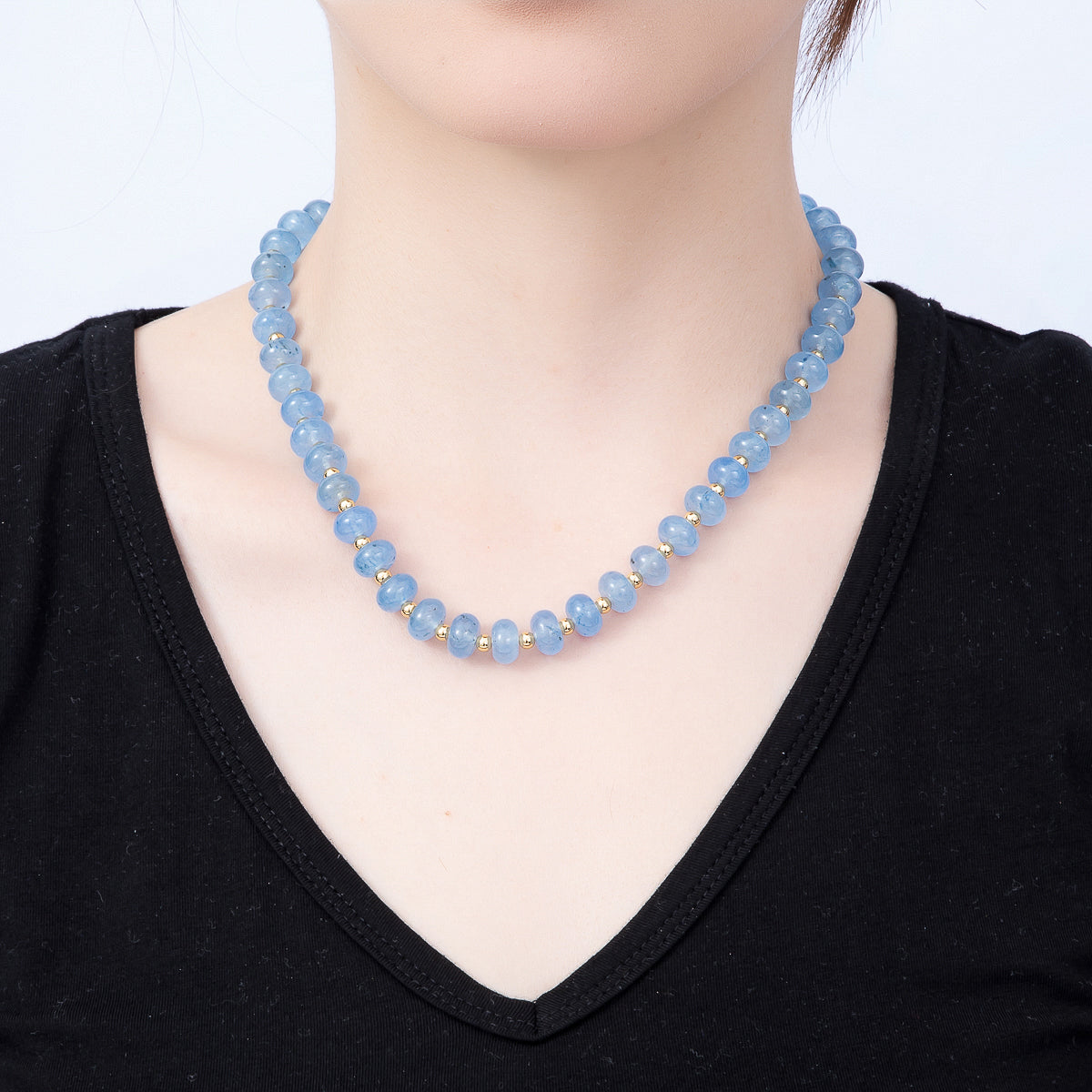 16K Gold Filled 4mm Blue Agate Bead Rondelle Gemstone Chain 18 Inch Necklace | WA-01728