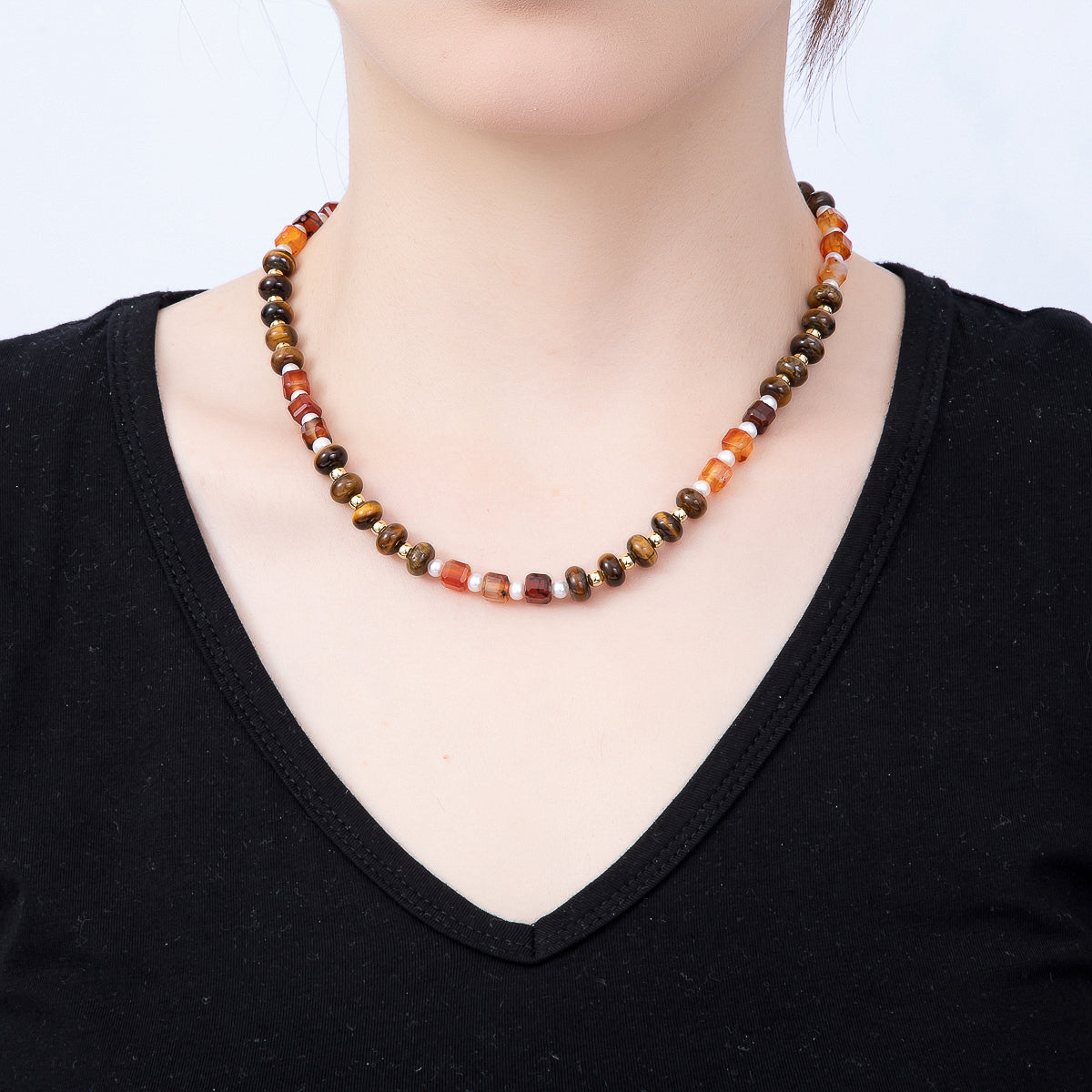 Handmade 4mm Shell Pearl Orange Citrine Tiger Eye Rondelle Gemstone Chain 19 Inch Necklace | WA-01162