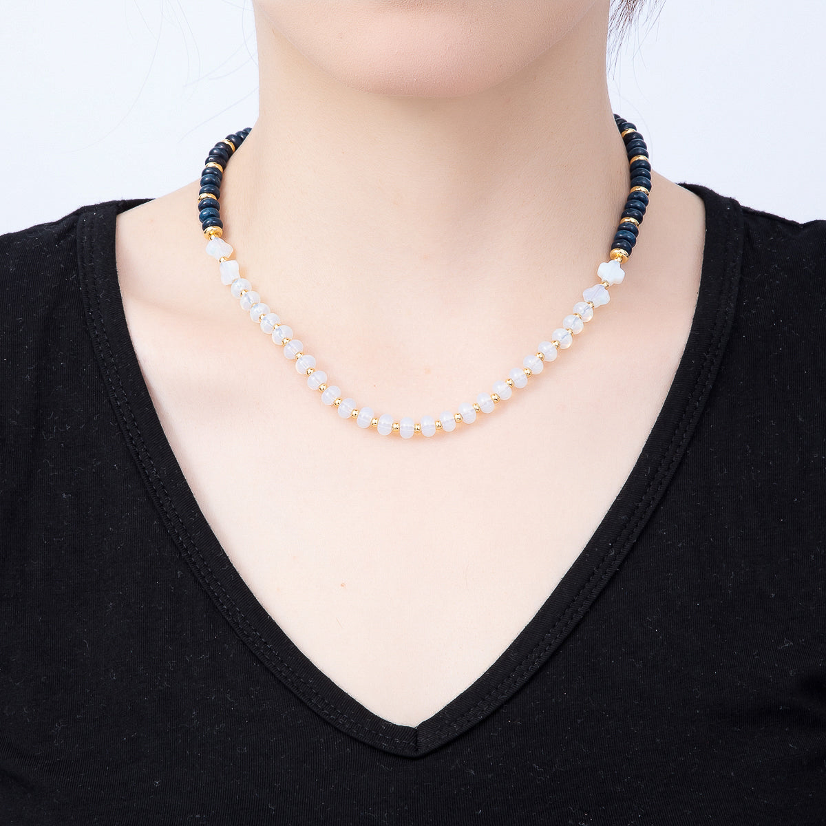 16K Gold Filled 6.5mm White Opal Blue Lapis Lazuli Half Rondelle Gemstone Chain 17 Inch Necklace w. Sailor Clasps | WA-01969