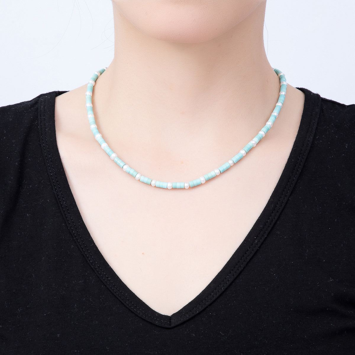 16K Gold Filled 4mm Blue Aquamarine Cylinder Shell Pearl Rondelle Tube Gemstone Bead Chain 18 Inch Necklace | WA-00552