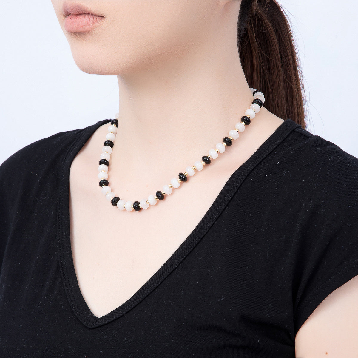 16K Gold Filled 3.3mm Black Onyx White Quartz Bead Rondelle Gemstone Chain 17 Inch Necklace w. Dual Push Gate | WA-02084