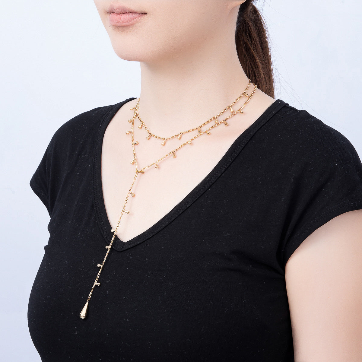 Stainless Steel 2mm Minimalist Teardrop Double Curb Lariat Chain Necklace | WA-00944