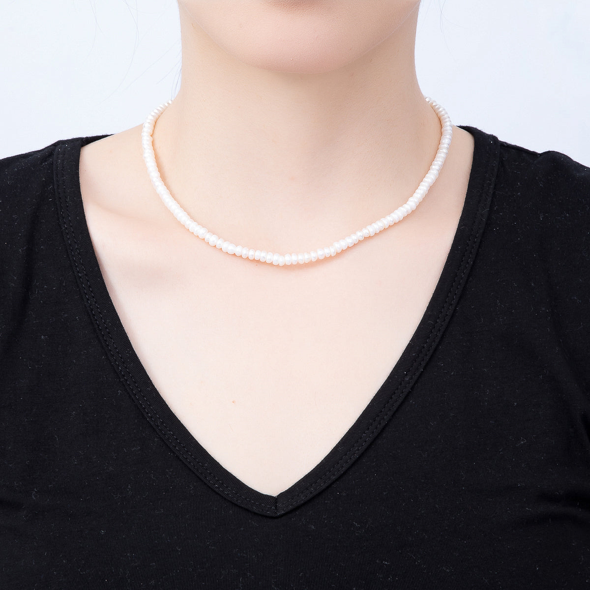 18K Gold Filled 5mm White Freshwater Pearl Rondelle Gemstone Chain 15 Inch Choker Necklace | WA-02321