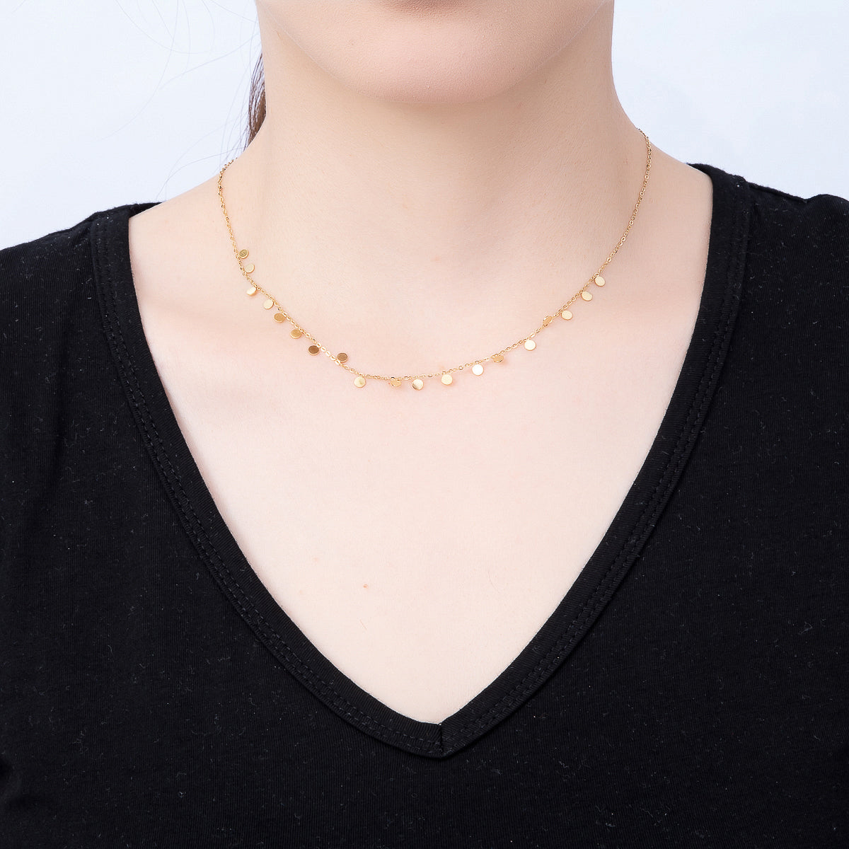 Stainless Steel Gold PVD Round Disc Coin Dangle Drop Cable Chain Necklace w. Extender | WA-00857