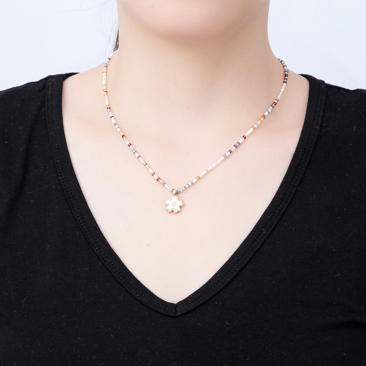 Stainless Steel Gold PVD 3mm Shell Pear Flower Multicolor Seed Bead Gemstone Chain 16.5 Inch Necklace | WA-00888
