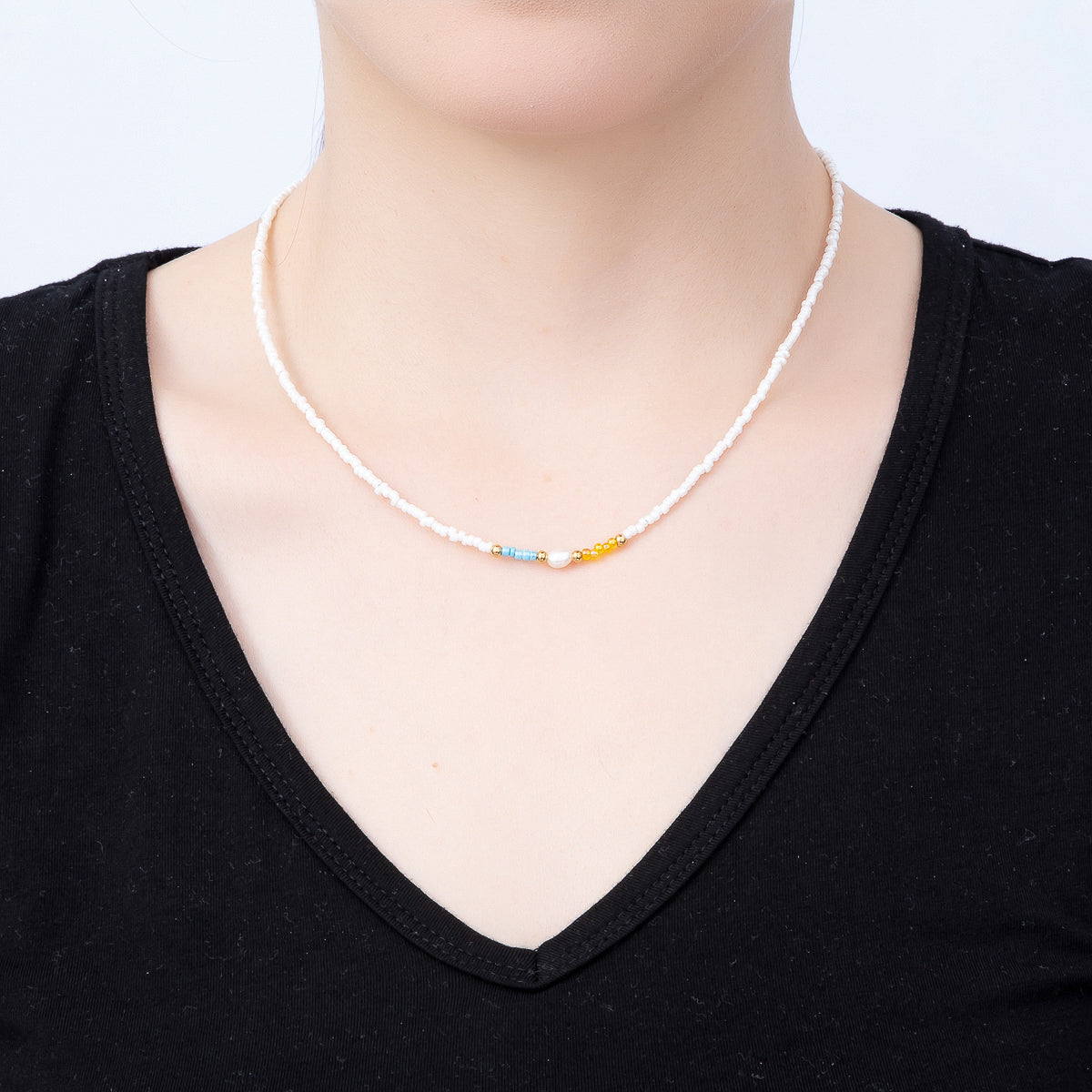 Stainless Steel Gold PVD 2mm Yellow Blue White Seed Bead Gemstone Chain 17 Inch Necklace | WA-00863