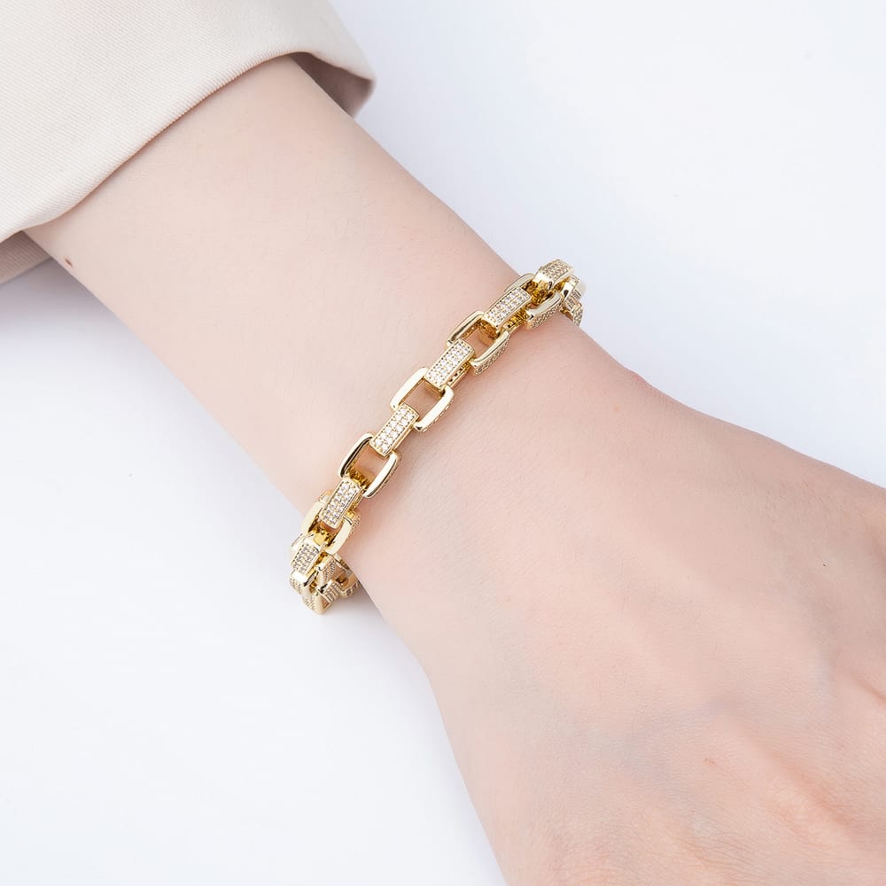 14K Gold Filled 7.5mm Micro Paved CZ Wide Paperclip Chain 7 Inch Bracelet | WA-01576