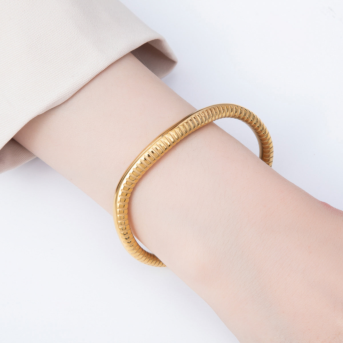 Stainless Steel Gold PVD Ribbed Lined Geometric Cuff Bracelet | WA-01506