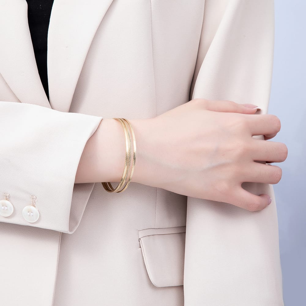 14K Gold Filled 64mm Triple Ribbed Textured Geometric Bangle Bracelet Set | WA-01240