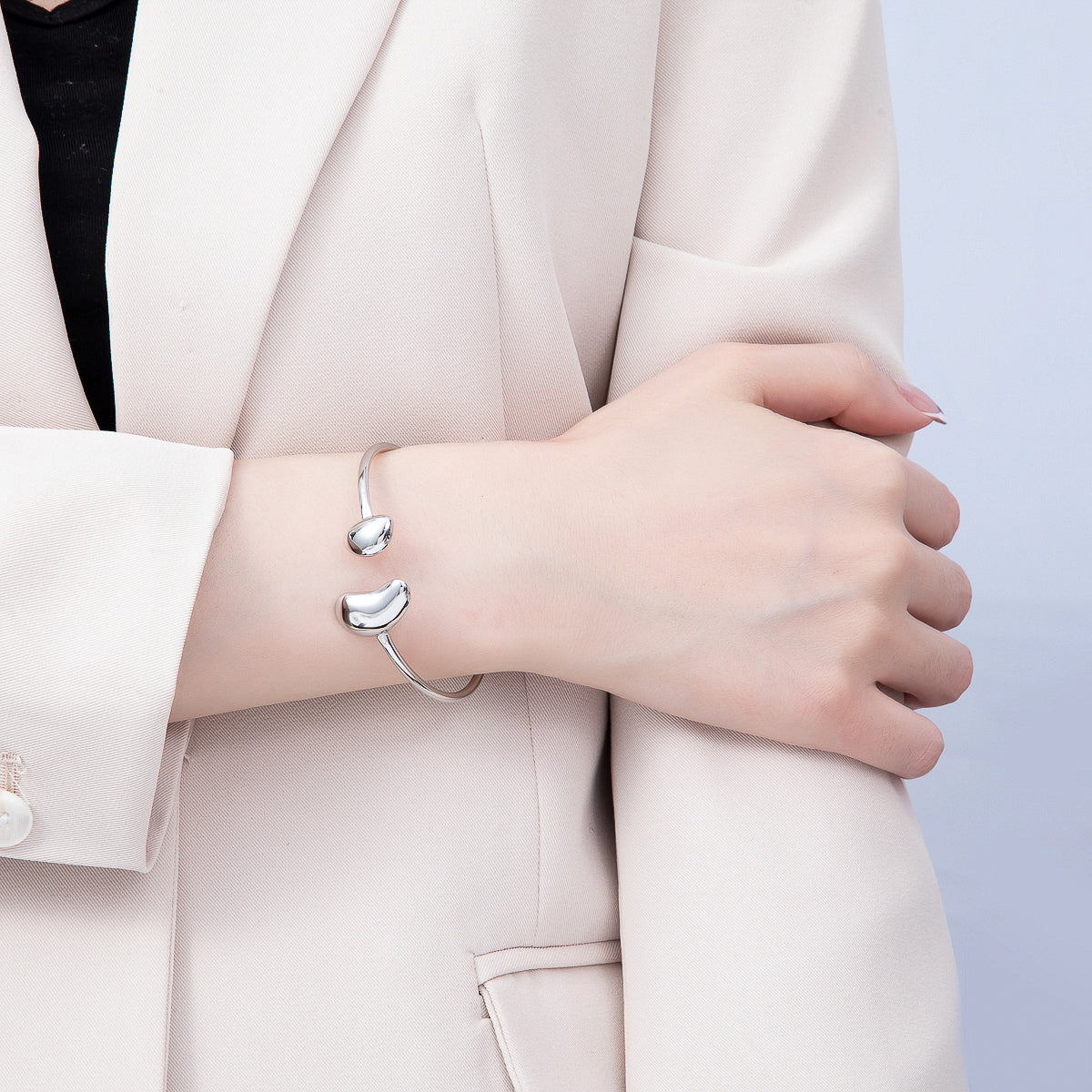 Stainless Steel Silver PVD  Minimalist Heart Oval Wrap Cuff Bracelet | WA-01233