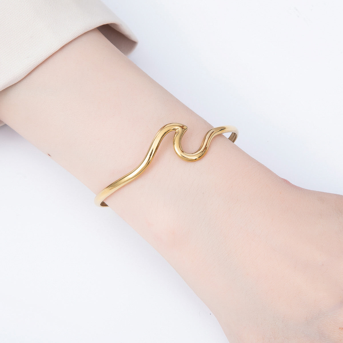 Stainless Steel Gold PVD Minimalist Geometric Wave Cuff Bracelet | WA-01970