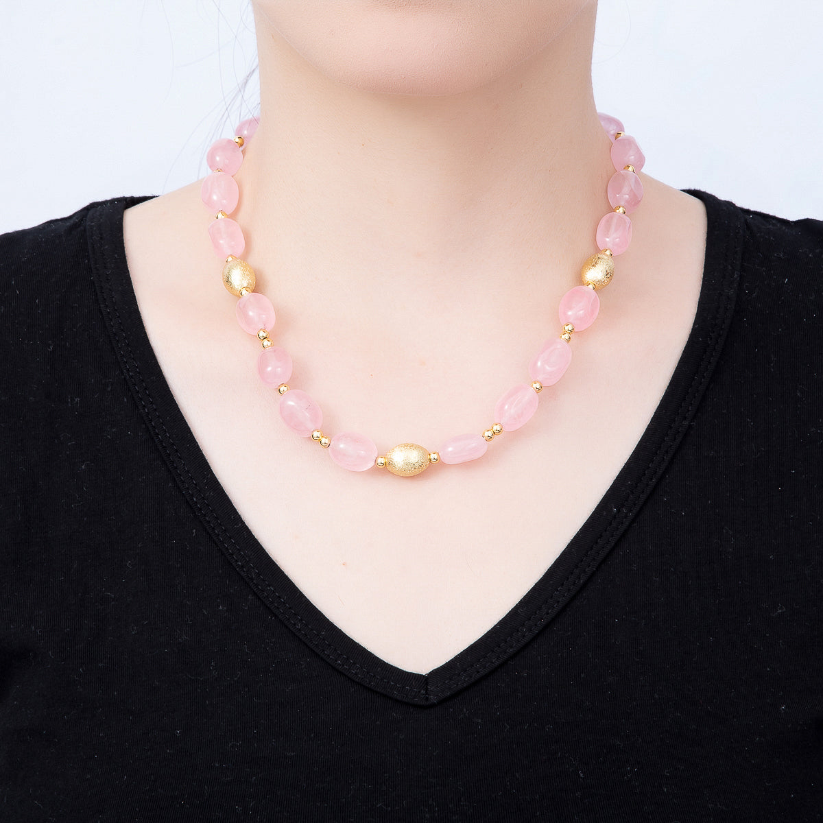 16K Gold Filled 10mm Pink Quartz Textured Bead Rectangle Gemstone Chain 19 Inch Necklace w. Sailor Clasps | WA-01958